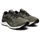 The ASICS Gel Cumulus 24 - Mens running shoes in olive green and black feature mesh uppers, black laces, white soles, and FF BLAST cushioning—perfect as an everyday trainer. Shown angled on a plain white background.