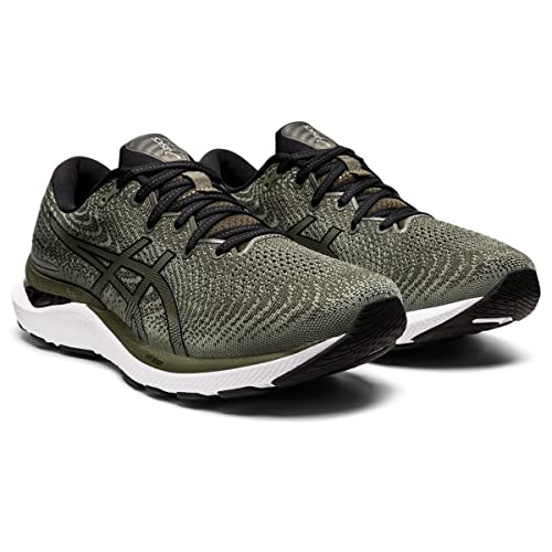 The ASICS Gel Cumulus 24 - Mens running shoes in olive green and black feature mesh uppers, black laces, white soles, and FF BLAST cushioning—perfect as an everyday trainer. Shown angled on a plain white background.