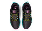 Top view of a pair of black ASICS GEL-FujiTrabuco 8 - Womens trail running shoes with turquoise soles, yellow and black laces, plus pink accents on the tongue, heel, and toe.