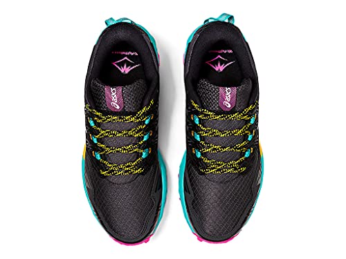 Top view of a pair of black ASICS GEL-FujiTrabuco 8 - Womens trail running shoes with turquoise soles, yellow and black laces, plus pink accents on the tongue, heel, and toe.