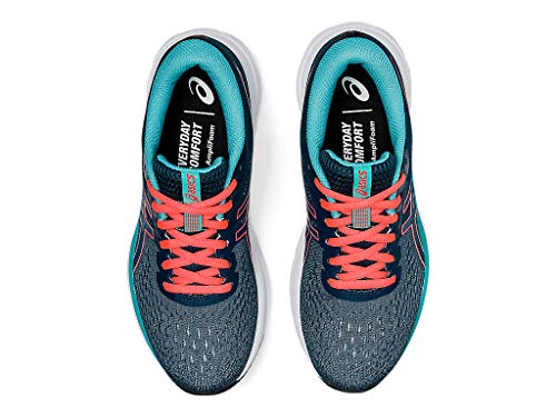 A pair of dark blue ASICS GEL-EXCITE 7 - Womens shoes with teal accents and pink laces, viewed from above. Black insoles read EVERYDAY COMFORT with AmpliFoam, highlighting this lightweight running shoes cushioned midsole.