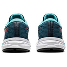 Rear view of the ASICS GEL-EXCITE 7 - Womens shoe in teal and blue, with a cushioned midsole, white sole with black tread, patterned heel, and turquoise lining—a stylish and lightweight running shoe.