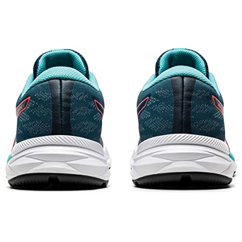 Rear view of the ASICS GEL-EXCITE 7 - Womens shoe in teal and blue, with a cushioned midsole, white sole with black tread, patterned heel, and turquoise lining—a stylish and lightweight running shoe.