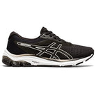The ASICS GEL-PULSE 12 - Womens is a black running shoe with an engineered mesh upper, white and silver logo, black laces, a white sole with black and silver accents, and an AmpliFoam midsole for comfort.