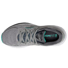 Top view of Saucony Omni 20 Running Shoe - Womens in gray mesh with teal accents and white sole. Features laces, cushioned collar, FORMFIT branding on black insole, and offers stability and support.