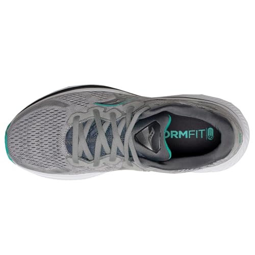 Top view of Saucony Omni 20 Running Shoe - Womens in gray mesh with teal accents and white sole. Features laces, cushioned collar, FORMFIT branding on black insole, and offers stability and support.