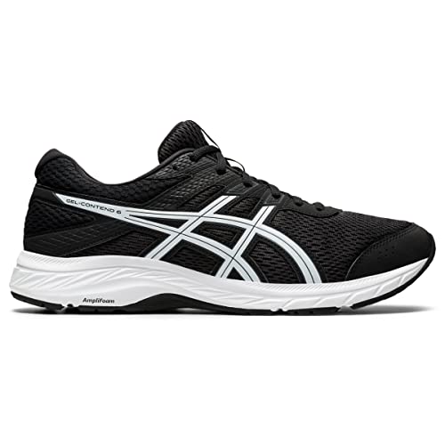 The ASICS Gel-Contend 6 - Mens is a black running shoe with a white sole and silver accents, featuring a breathable mesh upper and cushioned design for comfort and support.