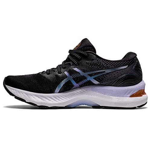 The ASICS Gel Nimbus 23 - Womens in black with blue and white accents, a white sole, shock-absorbing cushioning, and a brown heel detail is shown in side view on a plain white background.