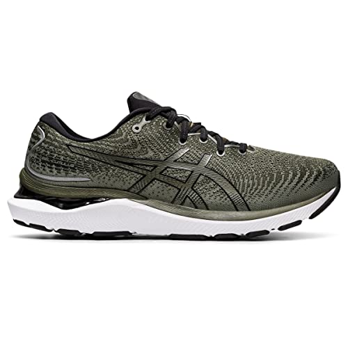 The ASICS Gel Cumulus 24 - Mens in olive green and black features a mesh upper, black laces, white cushioned sole with FF BLAST cushioning, subtle pattern details, and the signature ASICS logo on the side.