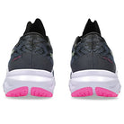 Rear view of ASICS Dynablast 3 - Womens shoes with black uppers, white midsoles, bright pink outsoles, and patterned heel detail, featuring FLYTEFOAM BLAST cushioning for responsive comfort.