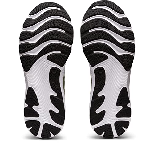 The image displays the soles of the ASICS Gel Cumulus 24 - Mens, featuring a black and white wavy tread for grip and traction. The shoes, with FF BLAST cushioning, are placed side by side with their soles facing upward.