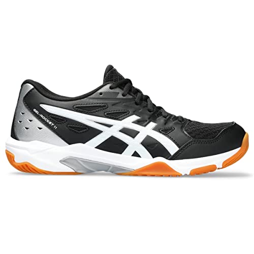 The ASICS Gel-Rocket 11 - Womens features a black, white, and orange design with a mesh upper and non-slip rubber sole, delivering stability and peak performance for indoor sports. The signature ASICS logo is displayed on the side.