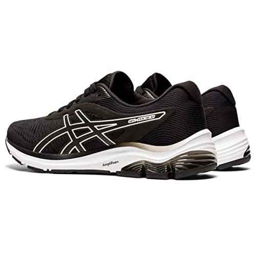 The ASICS GEL-PULSE 12 - Womenss are black running shoes with white accents and the brands logo, featuring an AmpliFoam midsole and engineered mesh upper for comfort and breathability.