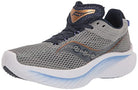 The Saucony Kinvara 14 Running Shoe - Womens features a gray breathable mesh upper, dark laces, metallic accents, and a white and blue PWRRUN foam cushioned sole.