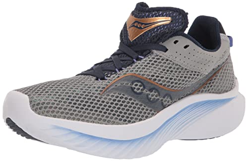 The Saucony Kinvara 14 Running Shoe - Womens features a gray breathable mesh upper, dark laces, metallic accents, and a white and blue PWRRUN foam cushioned sole.