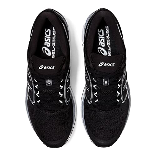 Top view of a pair of ASICS Gel-Ziruss 3 - Mens black running shoes with white soles and white branding on the tongue and insole.