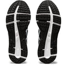 The image shows the black and white rubber outsoles of the ASICS Gel-Contend 6 - Mens, viewed from below, highlighting their textured tread pattern and grooves designed for traction in these cushioned running shoes.
