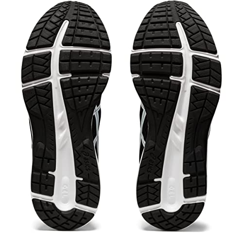 The image shows the black and white rubber outsoles of the ASICS Gel-Contend 6 - Mens, viewed from below, highlighting their textured tread pattern and grooves designed for traction in these cushioned running shoes.