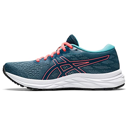 The ASICS GEL-EXCITE 7 - Womens features a teal and turquoise upper, pink laces, white sole, dark blue outsole, cushioned midsole, and ASICS logo—designed as a lightweight running shoe.