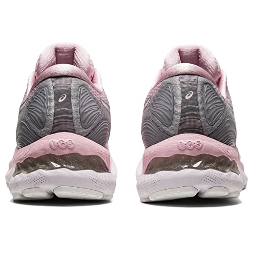 Rear view of ASICS Gel Nimbus 23 - Womens running shoes featuring gray uppers, pink accents, white soles, and visible gel cushioning in the midsole for enhanced shock absorption.