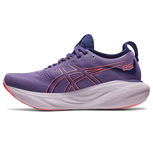The ASICS Gel Nimbus 25 - Womens shoe is purple with coral accents, a thick white cushioned sole, and ASICS branding, offering lightweight cushioning for superior comfort on your run.