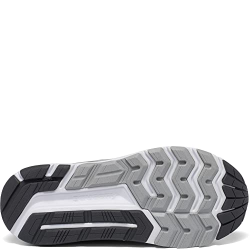 A close-up of the sole of the Saucony Echelon 8 Running Shoe - Womens highlights its black, gray, and white textured rubber pattern for traction and flexibility, plus added comfort from PWRRUN cushioning.