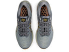 Top view of a pair of ASICS Gel Kayano 28 - Mens stability running shoes in gray with black and yellow accents, featuring dark laces and honeycomb-patterned insoles.