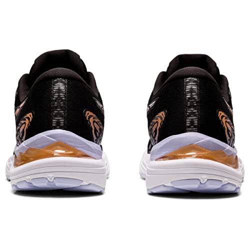 Two black ASICS Cumulus 23 - Womens running shoes viewed from the back, with orange and white accents, white soles, brown heel detail, and lightweight cushioning for comfort.