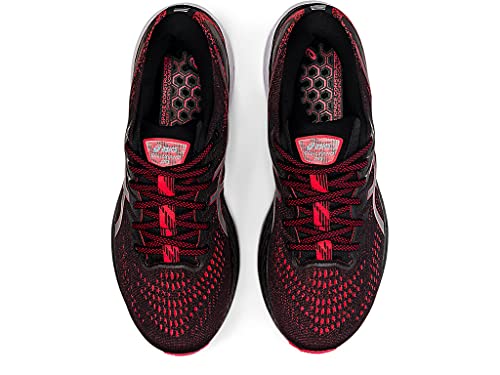 The ASICS Gel Kayano 28 - Mens stability running shoes in black with red accents feature a patterned mesh upper, rounded toes, and insoles with a honeycomb graphic, showcasing advanced GEL technology for comfort and support.