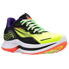 The Saucony Endorphin Shift 2 Running Shoe for women features a vibrant yellow and black upper, green laces, a purple heel detail, a white sole with orange and yellow accents, plus SPEEDROLL Technology for effortless speed.