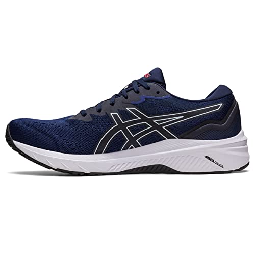 The ASICS GT-1000 11 - Mens running shoe in navy blue features black and white accents, a white sole, FLYTEFOAM cushioning, breathable mesh-like material, and the signature side logo—crafted for both comfort and performance.