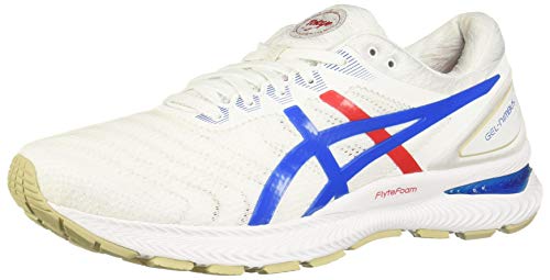 The ASICS GEL-NIMBUS 22 - Mens is a white running shoe with blue and red accents, a beige sole, GEL technology, lace-up design, and a bold side logo for standout style.