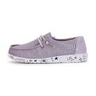 The Hey Dude Wendy Youth - Girls loafer features a light purple design with beige laces and a white sole decorated with playful doodles like hearts, stars, LOL, and OMG—stylish, lightweight shoes that add fun flair to any outfit.