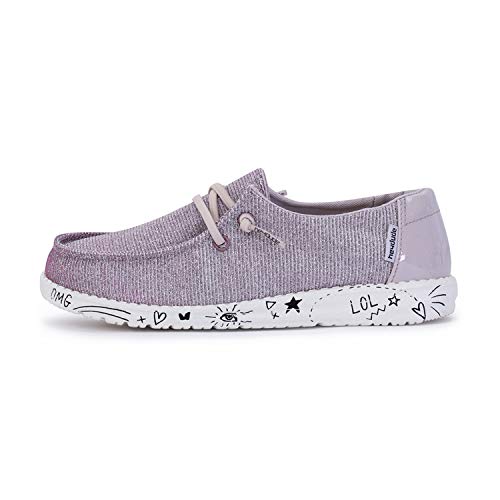 The Hey Dude Wendy Youth - Girls loafer features a light purple design with beige laces and a white sole decorated with playful doodles like hearts, stars, LOL, and OMG—stylish, lightweight shoes that add fun flair to any outfit.