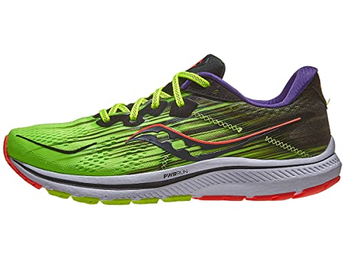 The Saucony Omni 20 Running Shoe - Womens features a green and black design with yellow laces, purple interior, multicolor cushioned sole accents, a wavy side logo, and enhanced stability for every stride.
