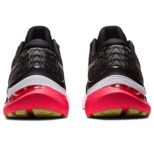 Rear view of ASICS Gel Kayano 29 - Mens running shoes in black with white midsoles, bright red heels, and yellow outsole accents on a white background—engineered for outstanding stability with every step.