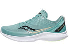 A teal Saucony Freedom 4 Running Shoe for men is displayed in side profile on a white background, featuring a white sole, black and gold accents, PWRRUN PB cushioning, and a breathable mesh upper.