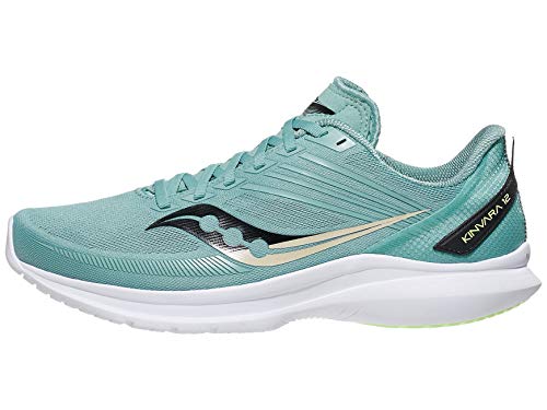 A teal Saucony Freedom 4 Running Shoe for men is displayed in side profile on a white background, featuring a white sole, black and gold accents, PWRRUN PB cushioning, and a breathable mesh upper.