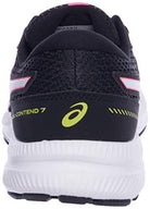 Rear view of the ASICS GEL-Contend 7 – Womens, featuring a black mesh upper, white sole, neon yellow ASICS logo, pink heel accents, and enhanced cushioning with a supportive midsole for all-day comfort.