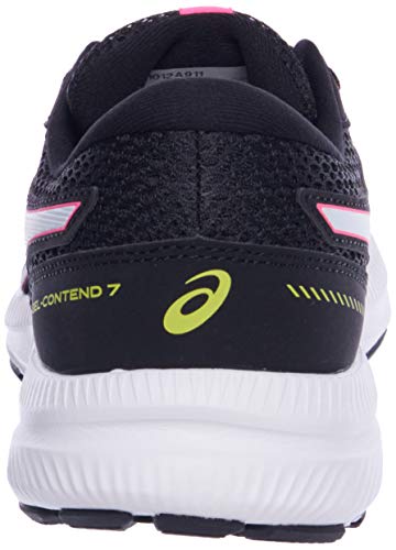 Rear view of the ASICS GEL-Contend 7 – Womens, featuring a black mesh upper, white sole, neon yellow ASICS logo, pink heel accents, and enhanced cushioning with a supportive midsole for all-day comfort.