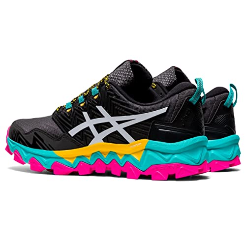 A pair of ASICS GEL-FujiTrabuco 8 womens trail running shoes in black with white stripes, teal midsoles and pull tabs, yellow laces, and bright pink outsoles.