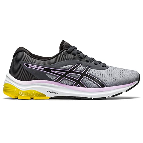 The ASICS GEL-PULSE 12 Womens Running Shoe features a gray and black design with a white sole, yellow heel accent, black laces, purple detail on the side logo, and a breathable engineered mesh upper.