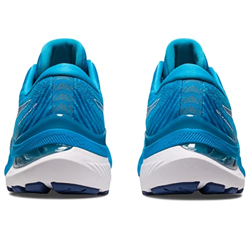 Two blue ASICS Gel Kayano 29 - Mens running shoes, shown from the back on a plain white background, feature white midsoles, dark outsoles, and are designed for stability.
