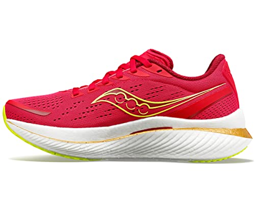 The Saucony Endorphin Speed 3 Running Shoe - Womens features a bright red design with yellow and gold accents, mesh ventilation, a white cushioned midsole, curved sole for daily training, and a prominent side logo.