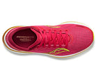 Top view of the Saucony Endorphin Speed 3 Running Shoe - Womens, featuring a bright pink mesh upper with yellow accents, white sole, visible laces, and Endorphin Speedroll Technology—perfect for daily training.