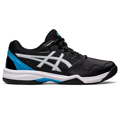 The ASICS Gel Dedicate 7 - Mens is a black athletic tennis shoe with white and blue accents, a thick white sole for stability, black laces, low-cut design, and a prominent silver logo on the side.