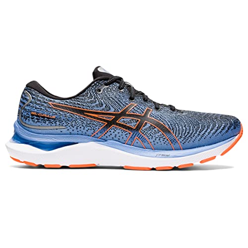 The ASICS Gel Cumulus 24 - Mens is a blue and black running shoe with orange accents, featuring FF BLAST cushioning for superior comfort and a lightweight, breathable design—ideal as an everyday trainer.