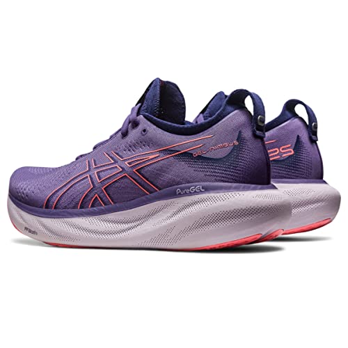 The ASICS Gel Nimbus 25 - Womens features a modern purple design with pink accents, lightweight cushioning, a thick white PureGEL sole, and the ASICS logo on the side for a sleek look.