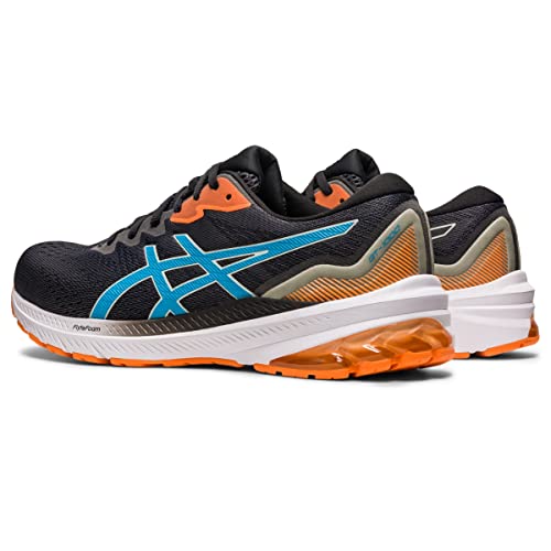 The ASICS GT-1000 11 Mens running shoes come in black with blue and orange accents, a white sole, translucent orange FLYTEFOAM heel cushioning, and a blue ASICS logo on the side.