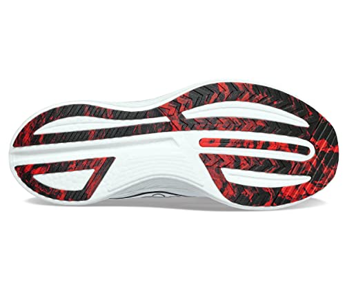 The image shows the sole of the Saucony Endorphin Speed 3 Running Shoe - Womens, with a white base and black-red patterned rubber tread featuring grooves and textured areas for grip, traction, and flexibility during daily runs.